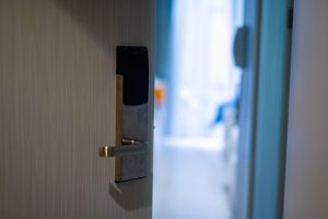 Electronic lock on the door in the hotel.