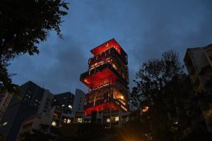 Mukesh & Nita Ambani's residence 'Antilia' lit up ahead of Anant Ambani & Radhika Merchant's wedding in Mumbai, India - 10 Jul 2024